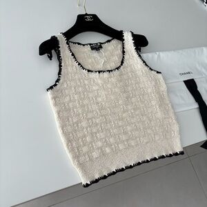 CHANEL Cream Knit Tank with Black Contrast Trim